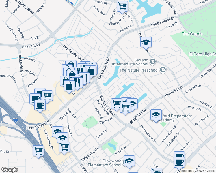 map of restaurants, bars, coffee shops, grocery stores, and more near 22706 Wood Lake Lane in Lake Forest