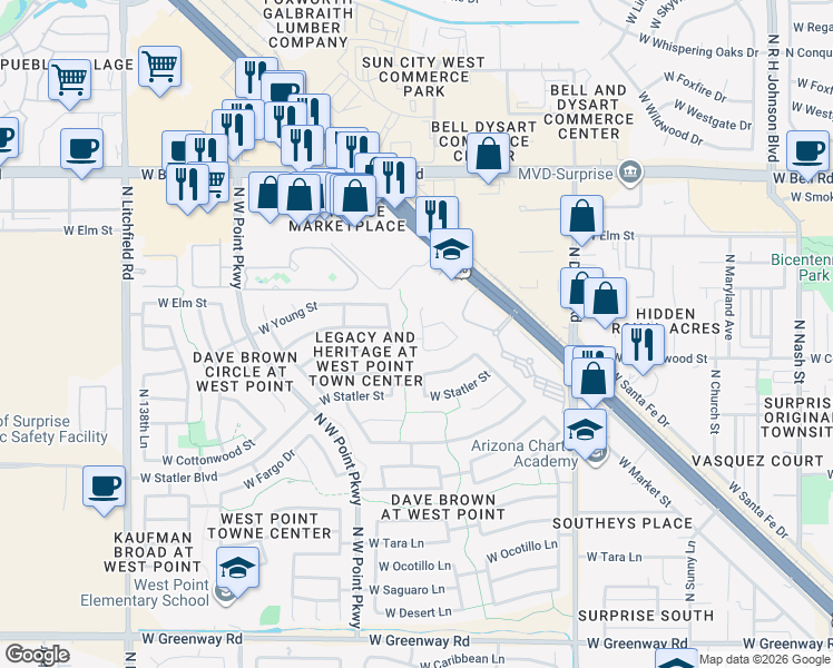 map of restaurants, bars, coffee shops, grocery stores, and more near 16400 North Lasso Drive in Surprise