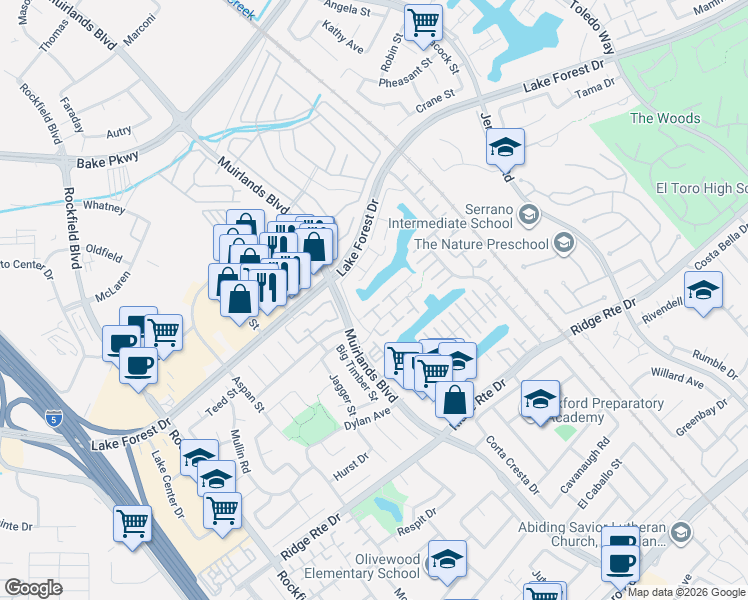map of restaurants, bars, coffee shops, grocery stores, and more near 22741 Wood Lake Lane in Lake Forest