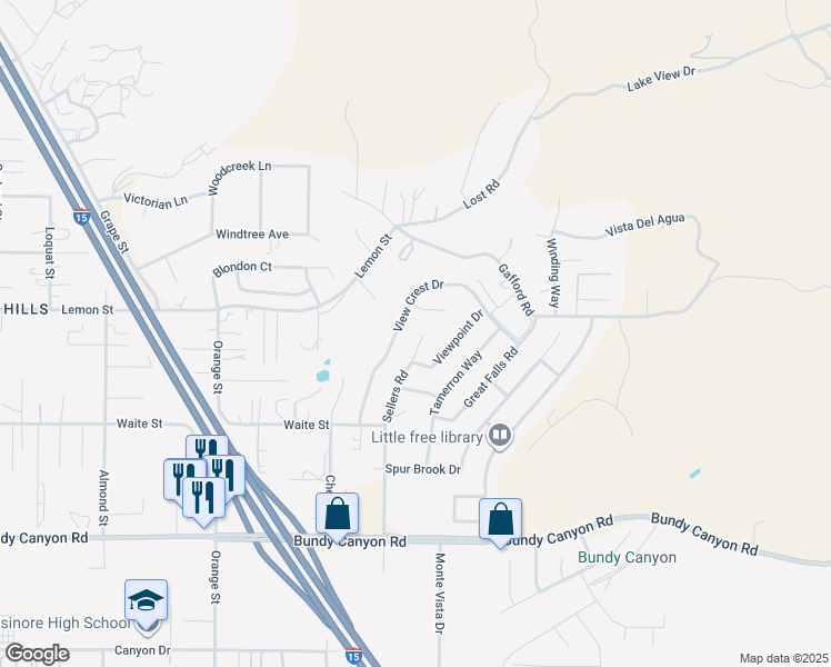 map of restaurants, bars, coffee shops, grocery stores, and more near 33555 Sellers Road in Wildomar