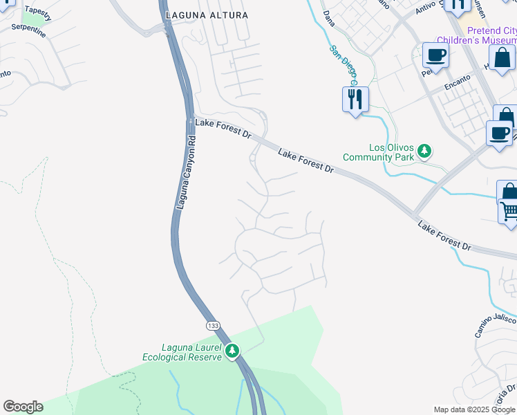 map of restaurants, bars, coffee shops, grocery stores, and more near 121 Amber Sky in Irvine