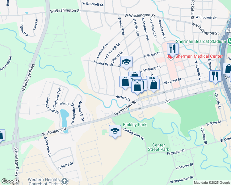 map of restaurants, bars, coffee shops, grocery stores, and more near 153 Archer Circle in Sherman