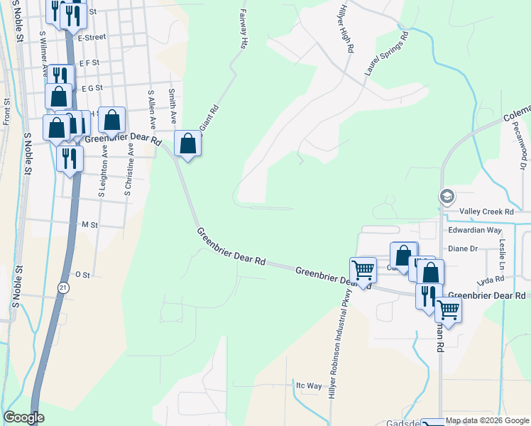 map of restaurants, bars, coffee shops, grocery stores, and more near 926 Hillyer High Road in Anniston