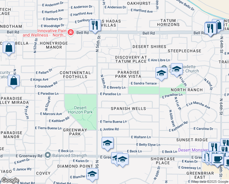 map of restaurants, bars, coffee shops, grocery stores, and more near 5637 East Paradise Lane in Scottsdale