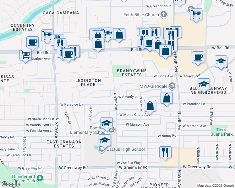 map of restaurants, bars, coffee shops, grocery stores, and more near 6243 West Beverly Lane in Glendale