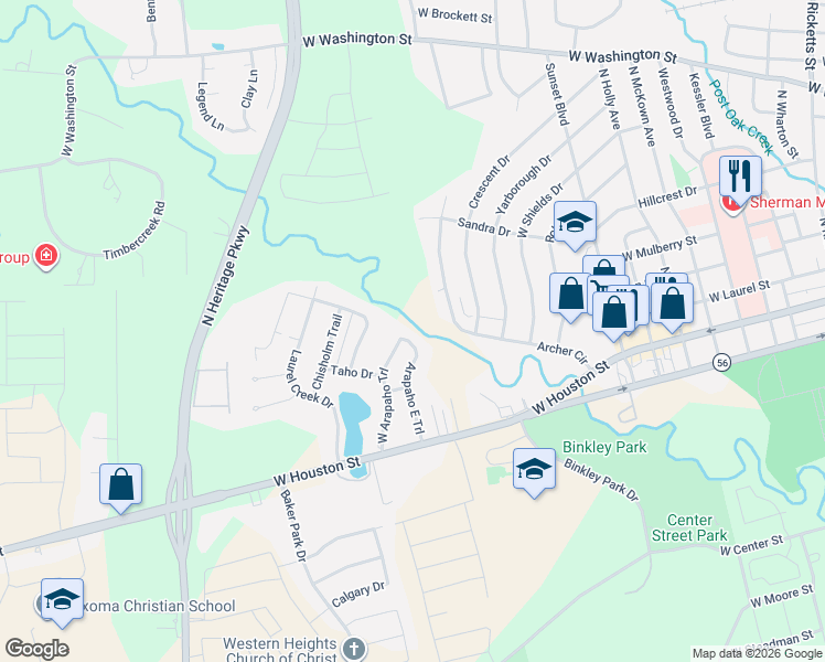 map of restaurants, bars, coffee shops, grocery stores, and more near 317 East Arapaho Street in Sherman