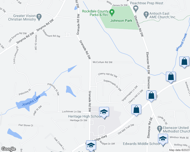 map of restaurants, bars, coffee shops, grocery stores, and more near 1505 Cherry Hill Road Southwest in Conyers