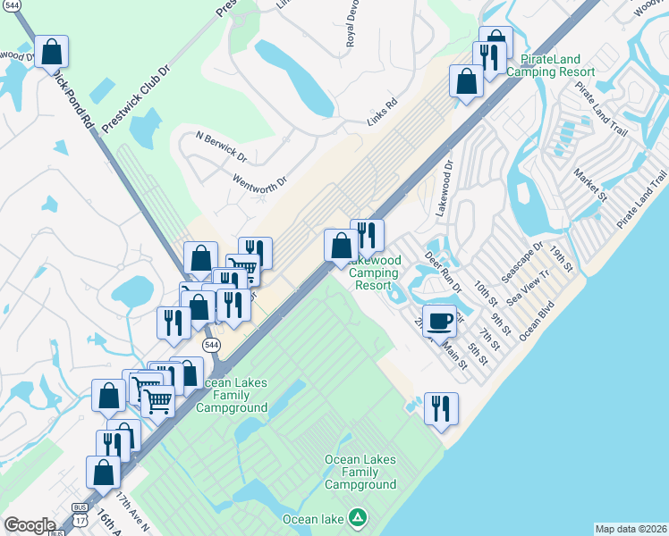 map of restaurants, bars, coffee shops, grocery stores, and more near 5605 South Kings Highway in Myrtle Beach