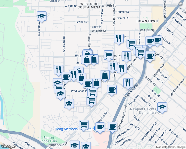 map of restaurants, bars, coffee shops, grocery stores, and more near 1616 Placentia Ave in Costa Mesa