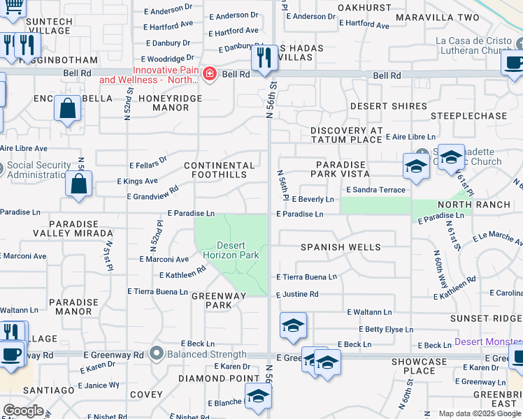 map of restaurants, bars, coffee shops, grocery stores, and more near 5526 East Paradise Lane in Scottsdale