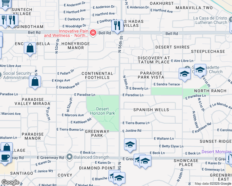 map of restaurants, bars, coffee shops, grocery stores, and more near 5526 East Paradise Lane in Scottsdale