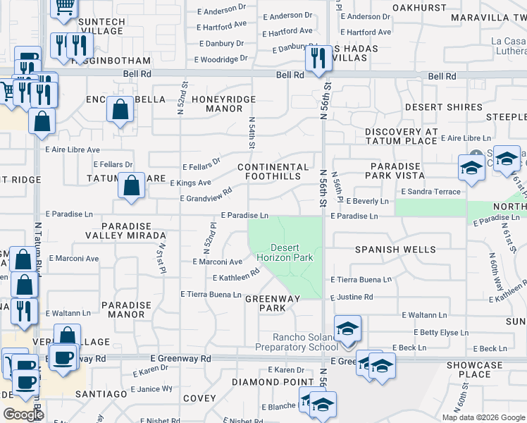 map of restaurants, bars, coffee shops, grocery stores, and more near 5408 East Paradise Lane in Scottsdale