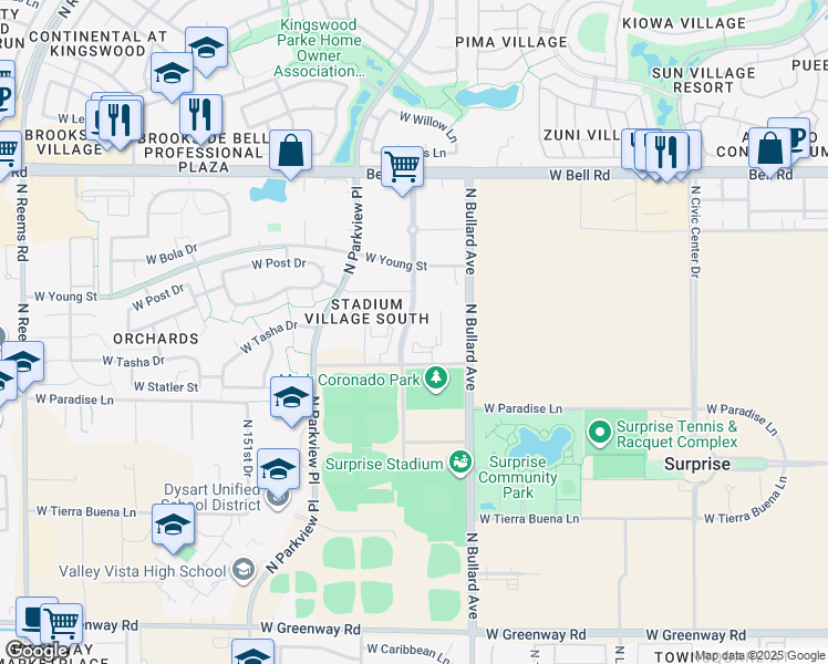 map of restaurants, bars, coffee shops, grocery stores, and more near 16485 North Stadium Way in Surprise
