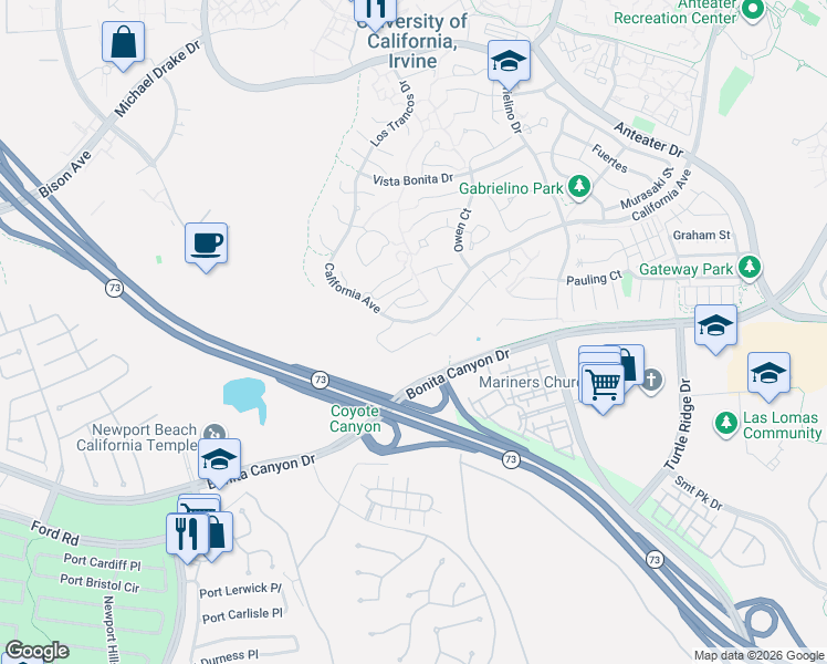 map of restaurants, bars, coffee shops, grocery stores, and more near 27 Wharton Court in Irvine