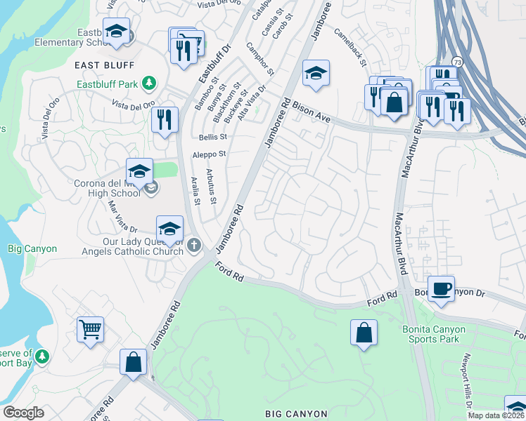 map of restaurants, bars, coffee shops, grocery stores, and more near 8 Crooked Stick Drive in Newport Beach