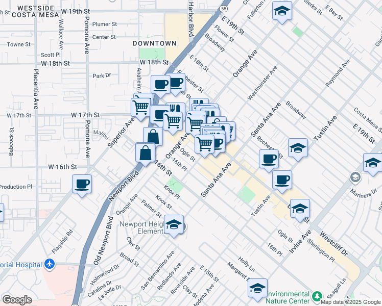 map of restaurants, bars, coffee shops, grocery stores, and more near 225 Ogle Street in Costa Mesa