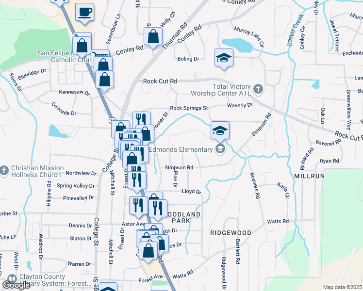 map of restaurants, bars, coffee shops, grocery stores, and more near 1122 Elaine Drive in Forest Park