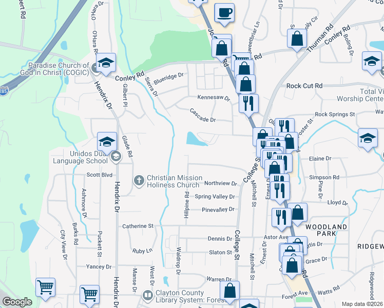 map of restaurants, bars, coffee shops, grocery stores, and more near 4456 Hillpine Road in Forest Park