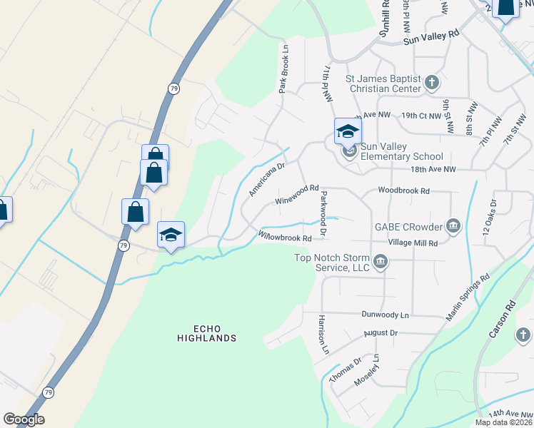 map of restaurants, bars, coffee shops, grocery stores, and more near 1048 Willowbrook Road in Birmingham