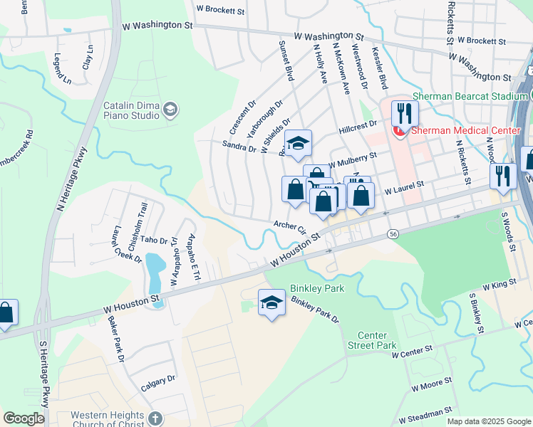 map of restaurants, bars, coffee shops, grocery stores, and more near 153 Archer Circle in Sherman