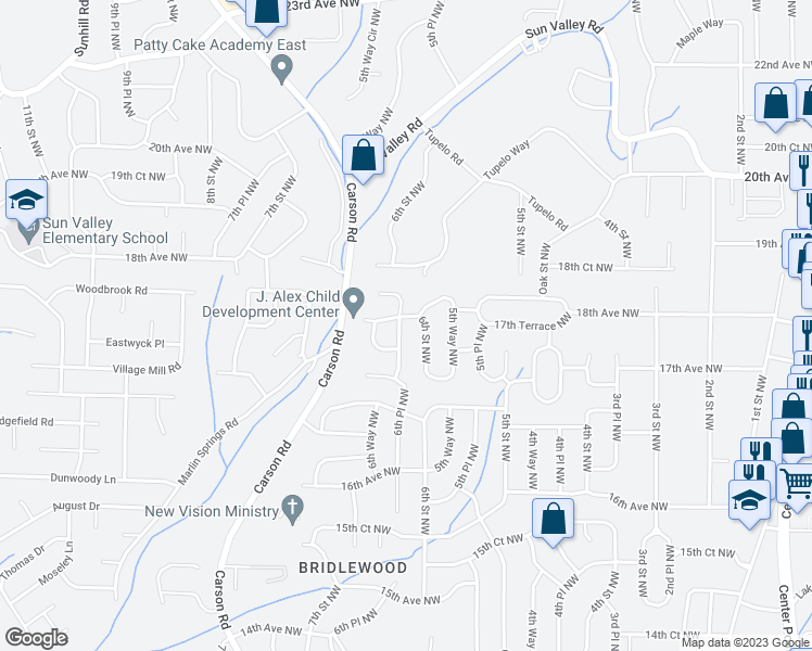 map of restaurants, bars, coffee shops, grocery stores, and more near 1733 6th Place Northwest in Center Point