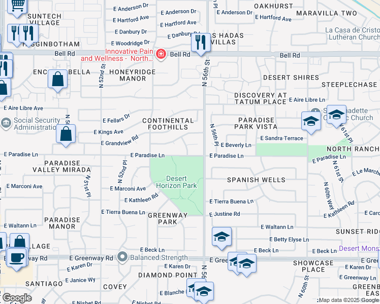 map of restaurants, bars, coffee shops, grocery stores, and more near 5526 East Paradise Lane in Scottsdale