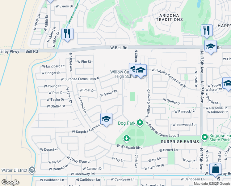map of restaurants, bars, coffee shops, grocery stores, and more near 18046 West Statler Street in Surprise