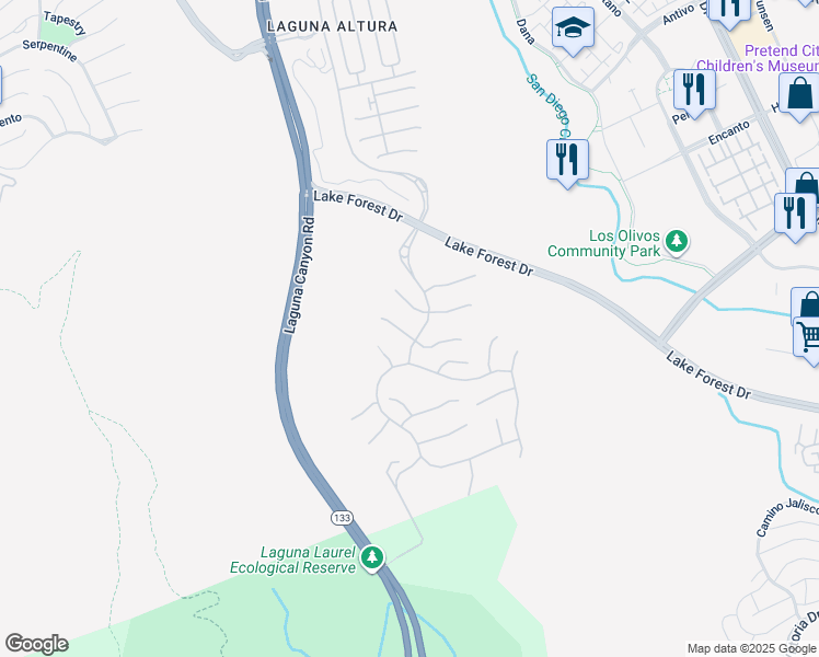 map of restaurants, bars, coffee shops, grocery stores, and more near 121 Amber Sky in Irvine