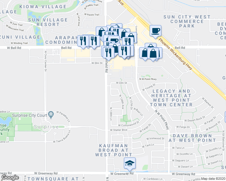 map of restaurants, bars, coffee shops, grocery stores, and more near 13859 West Lundberg Street in Surprise