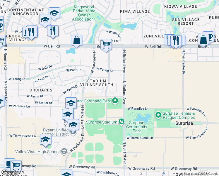 map of restaurants, bars, coffee shops, grocery stores, and more near 16485 North Stadium Way in Surprise