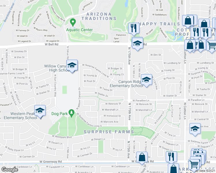 map of restaurants, bars, coffee shops, grocery stores, and more near 17647 West Tasha Drive in Surprise