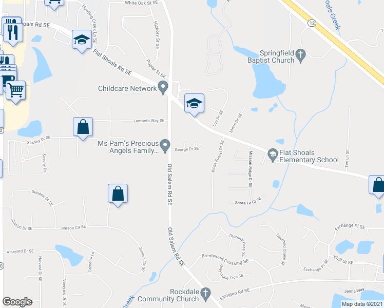 map of restaurants, bars, coffee shops, grocery stores, and more near 1459 George Drive Southeast in Conyers