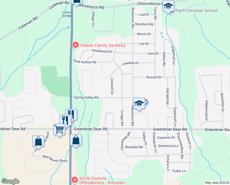 map of restaurants, bars, coffee shops, grocery stores, and more near 1112 Caswell Drive in Anniston