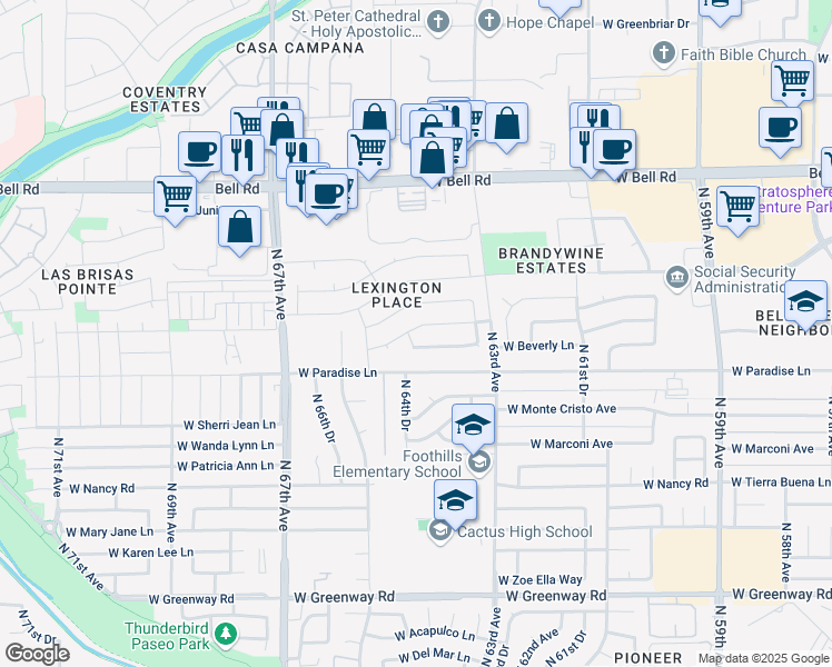 map of restaurants, bars, coffee shops, grocery stores, and more near 6421 West Beverly Lane in Glendale
