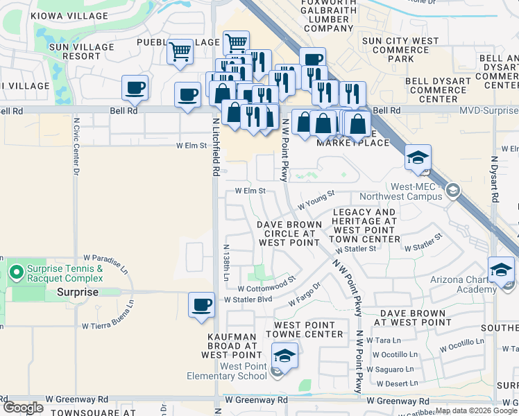 map of restaurants, bars, coffee shops, grocery stores, and more near 16397 North 137th Drive in Surprise
