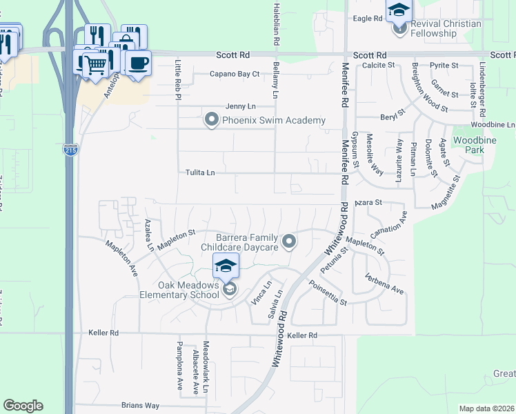 map of restaurants, bars, coffee shops, grocery stores, and more near 33545 Nandina Lane in Murrieta