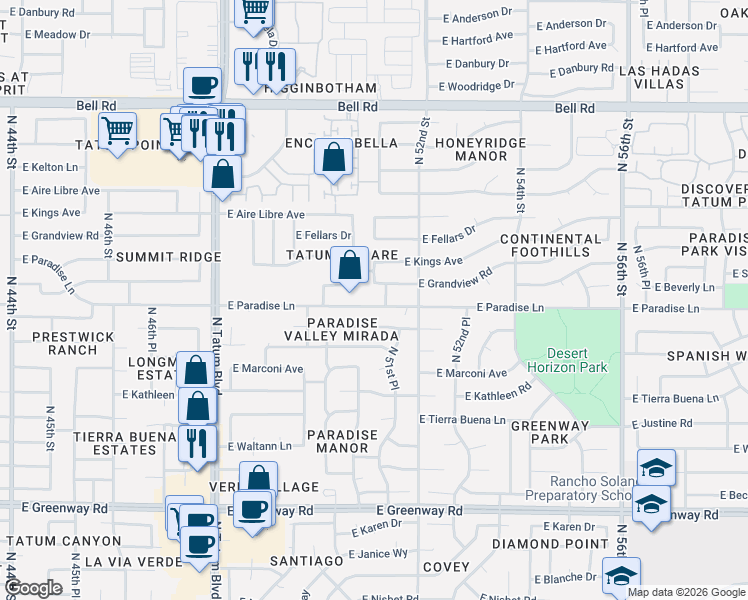 map of restaurants, bars, coffee shops, grocery stores, and more near 5115 East Paradise Lane in Scottsdale