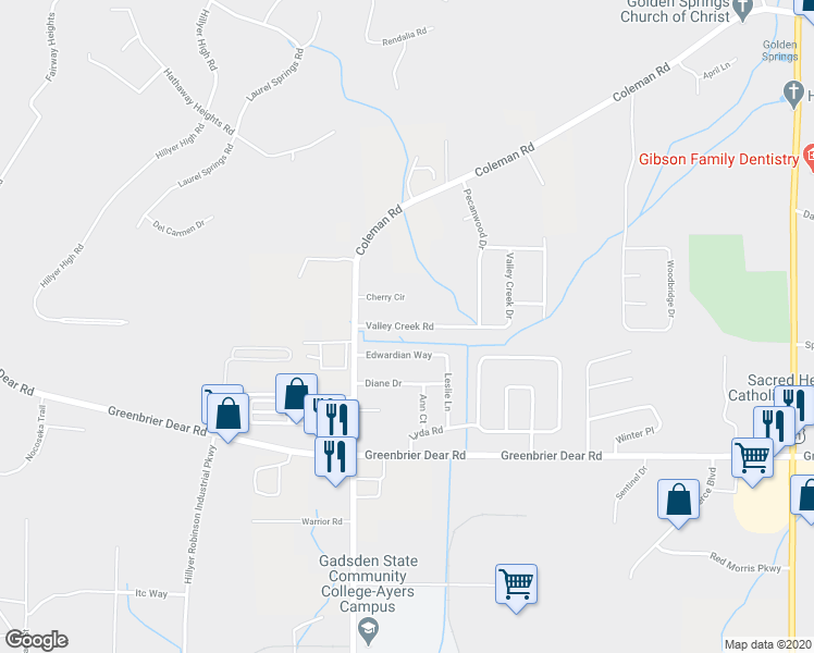 map of restaurants, bars, coffee shops, grocery stores, and more near 1804 Valley Creek Road in Anniston