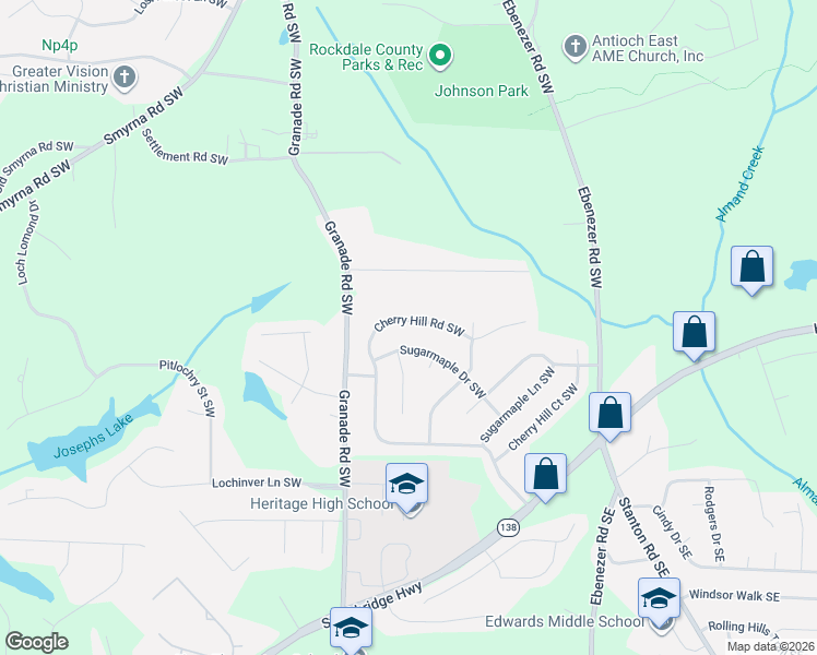 map of restaurants, bars, coffee shops, grocery stores, and more near 1649 Sugarmaple Drive Southwest in Conyers