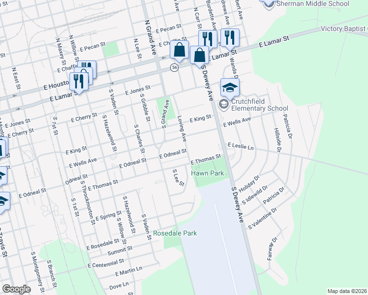 map of restaurants, bars, coffee shops, grocery stores, and more near 1416 East Odneal Street in Sherman
