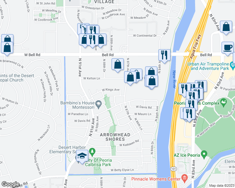 map of restaurants, bars, coffee shops, grocery stores, and more near 8742 West Wedgewood Drive in Peoria