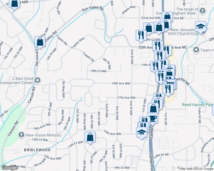 map of restaurants, bars, coffee shops, grocery stores, and more near 1716 3rd Place Northwest in Center Point