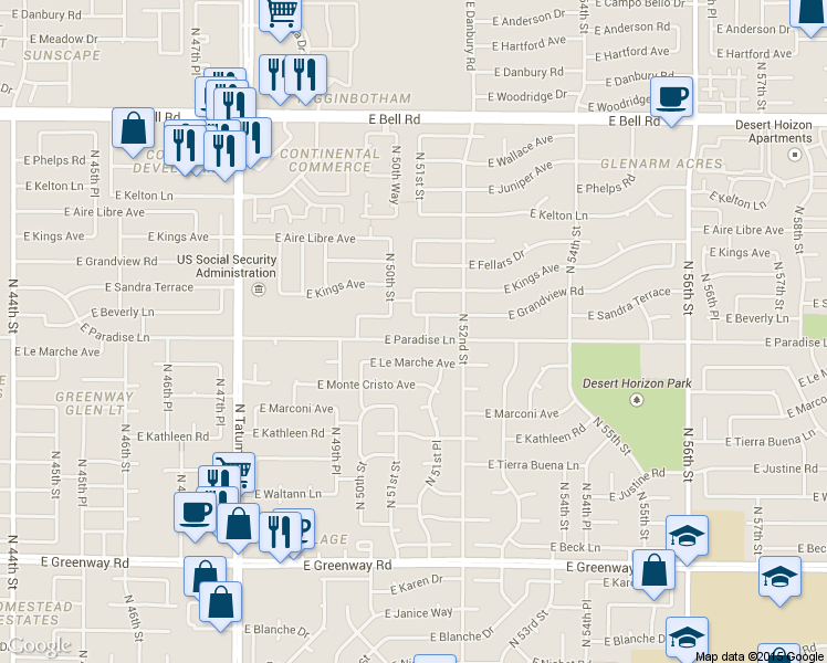 map of restaurants, bars, coffee shops, grocery stores, and more near 5115 East Paradise Lane in Scottsdale