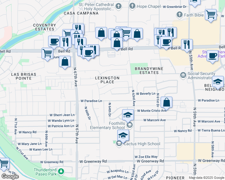 map of restaurants, bars, coffee shops, grocery stores, and more near 6421 West Beverly Lane in Glendale