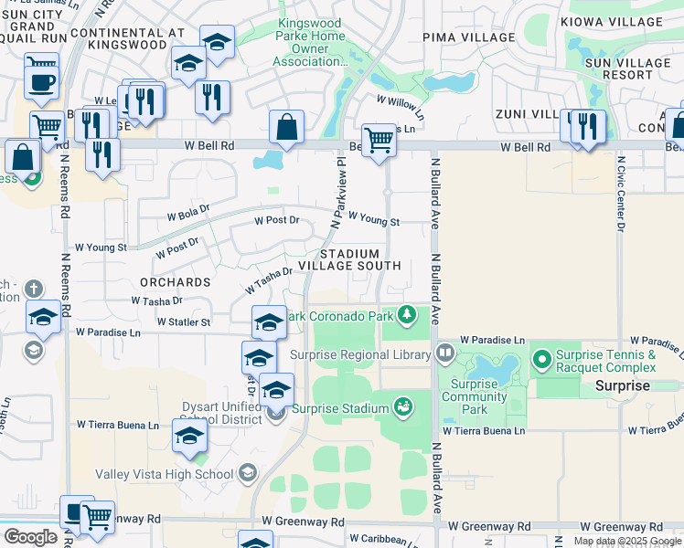 map of restaurants, bars, coffee shops, grocery stores, and more near 14820-14974 W Paradise Ln in Surprise