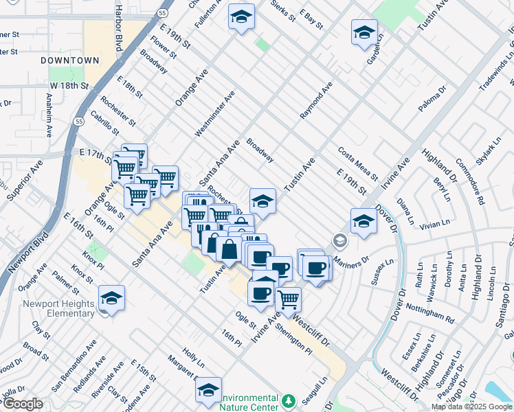 map of restaurants, bars, coffee shops, grocery stores, and more near 390 Rochester Street in Costa Mesa