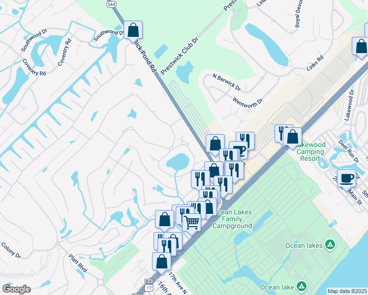 map of restaurants, bars, coffee shops, grocery stores, and more near 1919 Lake View Circle in Myrtle Beach