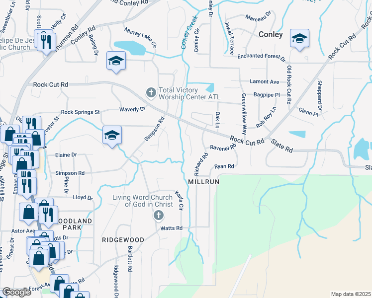 map of restaurants, bars, coffee shops, grocery stores, and more near 546 Simpson Place Drive in Forest Park