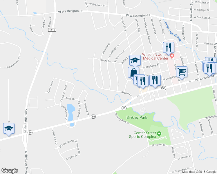 map of restaurants, bars, coffee shops, grocery stores, and more near 415 Archer Circle in Sherman