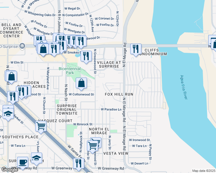 map of restaurants, bars, coffee shops, grocery stores, and more near 16302 North Fox Hill Drive in Surprise